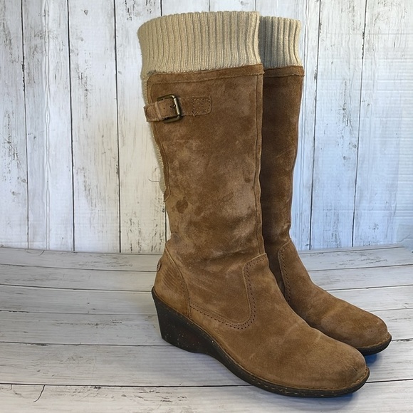 UGG Skyfall Chestnut Sweater Suede/Knit Cuff Tall Wedge Boots - Picture 4 of 14